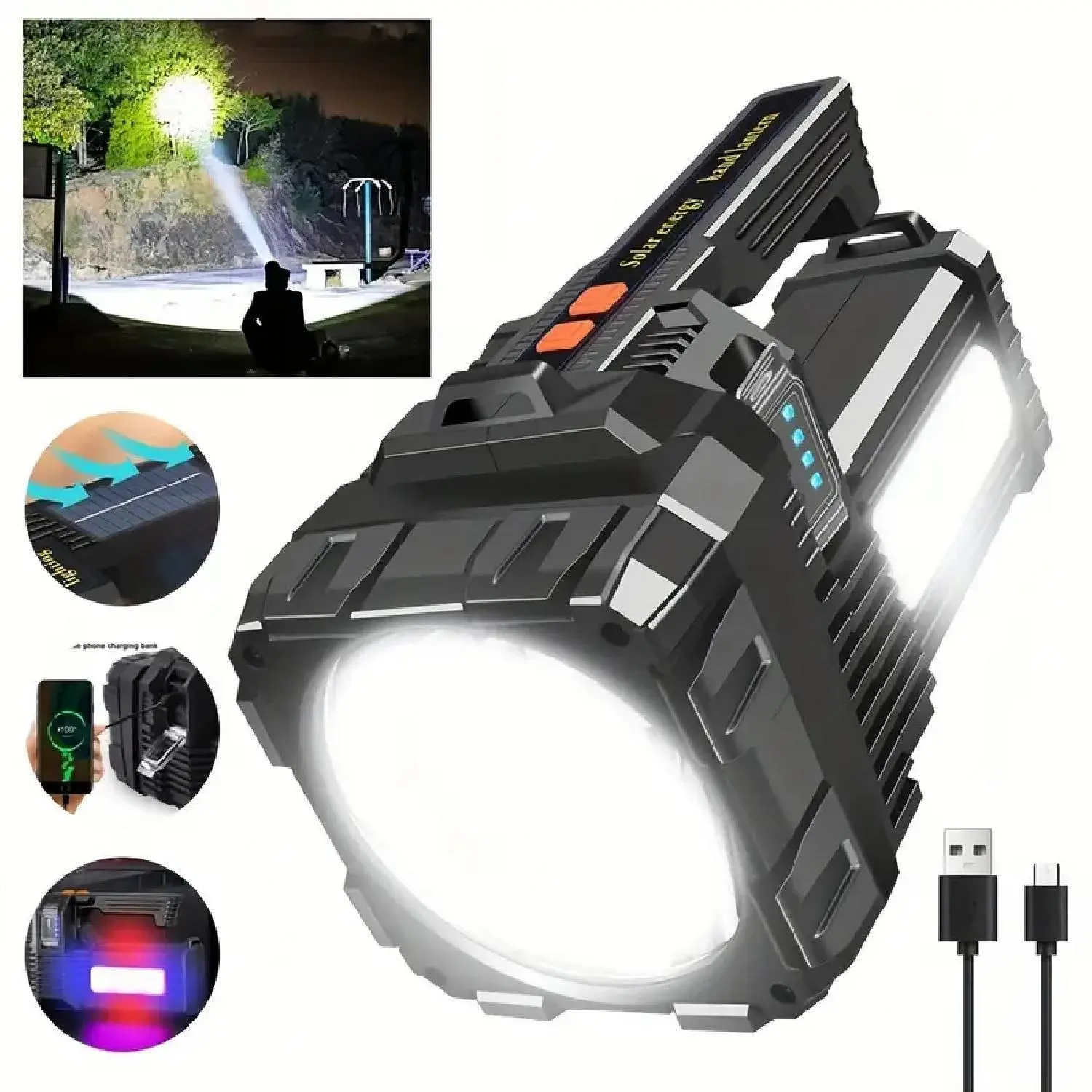 High Lumens Rechargeable Powerful Solar LED Searchlight - USB Rechargeable, 6 Modes, Long Standby, Battery-Powered Cordless Portable Outdoor Worklight for Camping, Hiking, High Lumens Flashlight, Rechargeable Powerful Flashlights