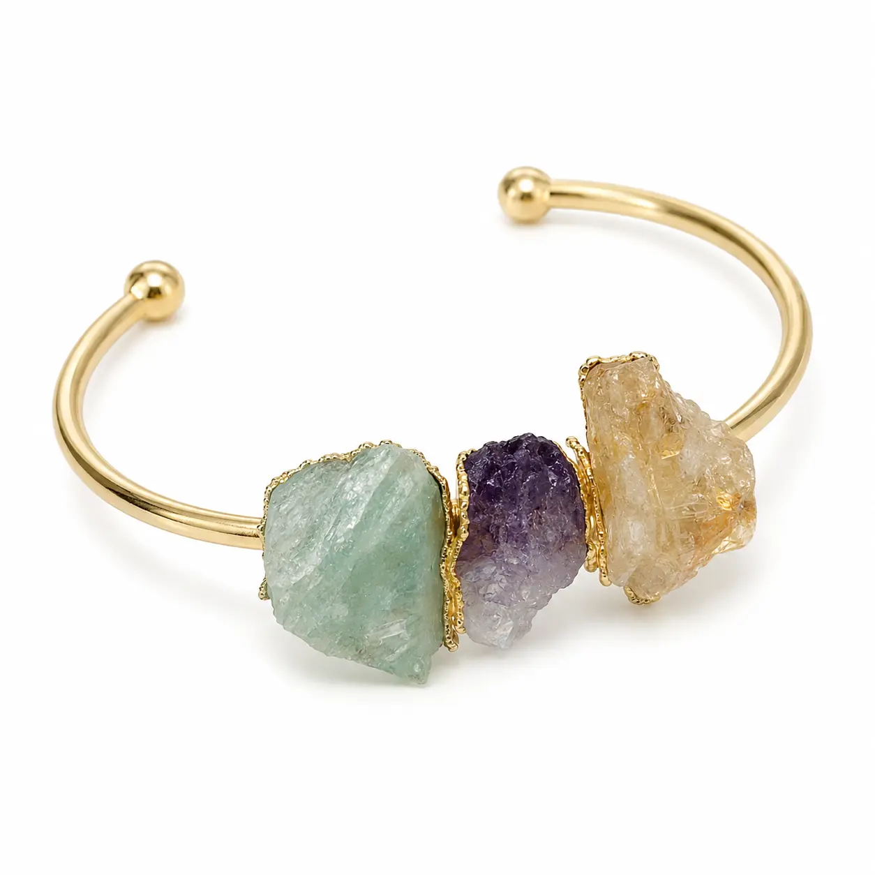 Female Gold-Tone Boho Open Cuff Bracelet - Adjustable Handmade Textured Metal Coating Band with 3 Raw Crystal Accents, Boho Chic Crystal Accessory, Ideal for Daily Wear