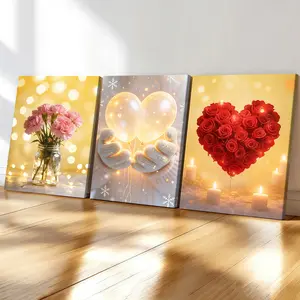 3-Piece Wood Frame Canvas, Set, Modern Floral Heart Print Design Decorative Posters, Waterproof Art for Living Room, Bedroom, Office, Hallway