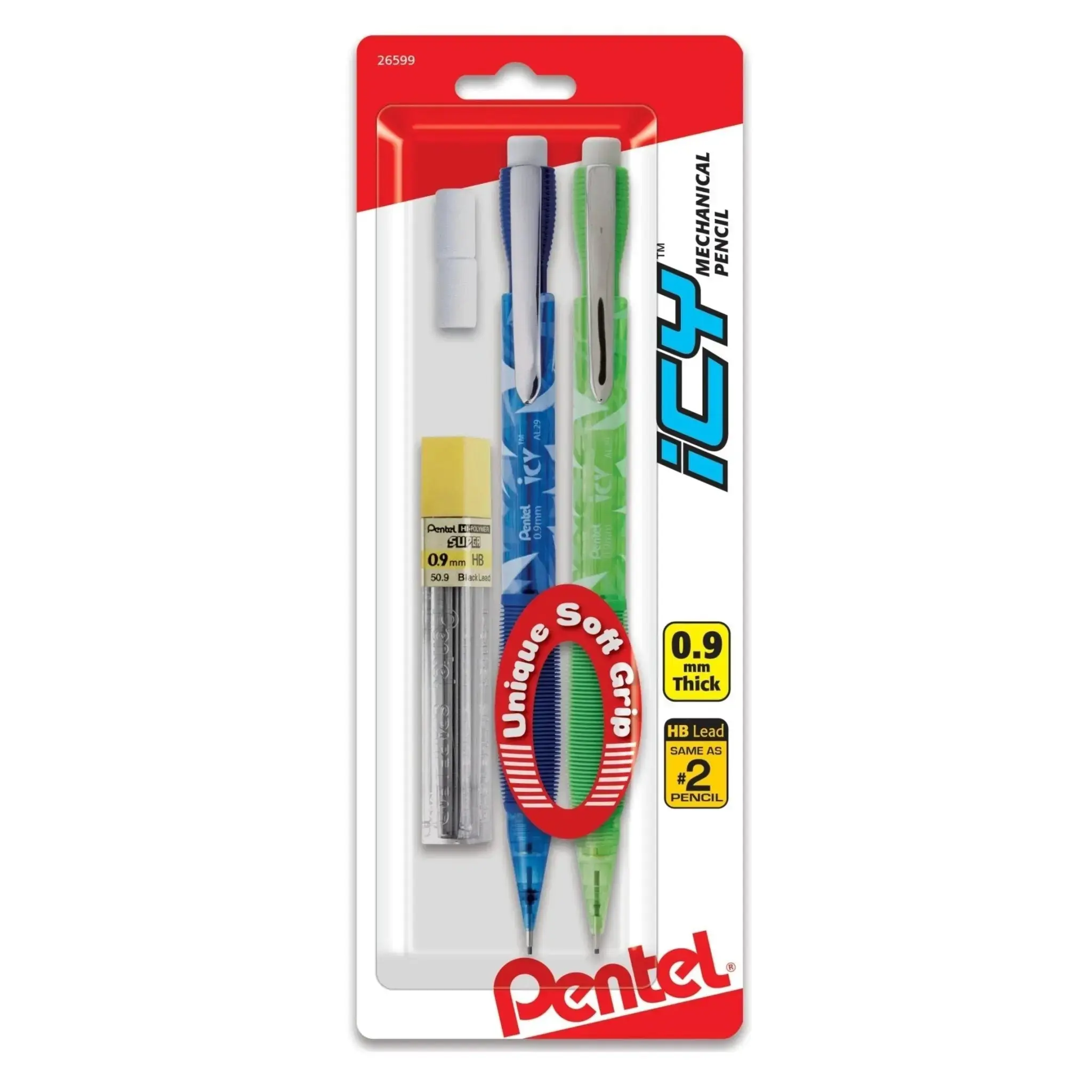 ICY Mechanical Pencil 2-Pk, 0.9mm Assorted Pencils with Pre-Filled Lead, Grip Design, Refillable Structure, 2 Eraser Refills, Pre-Filled Pencils