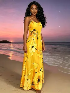 Women's Floral Print Thin Strap Long Dress, Bohemian Casual Summer Beach Long Dress, Elegant and Comfortable Design, Perfect for Outdoor Activities