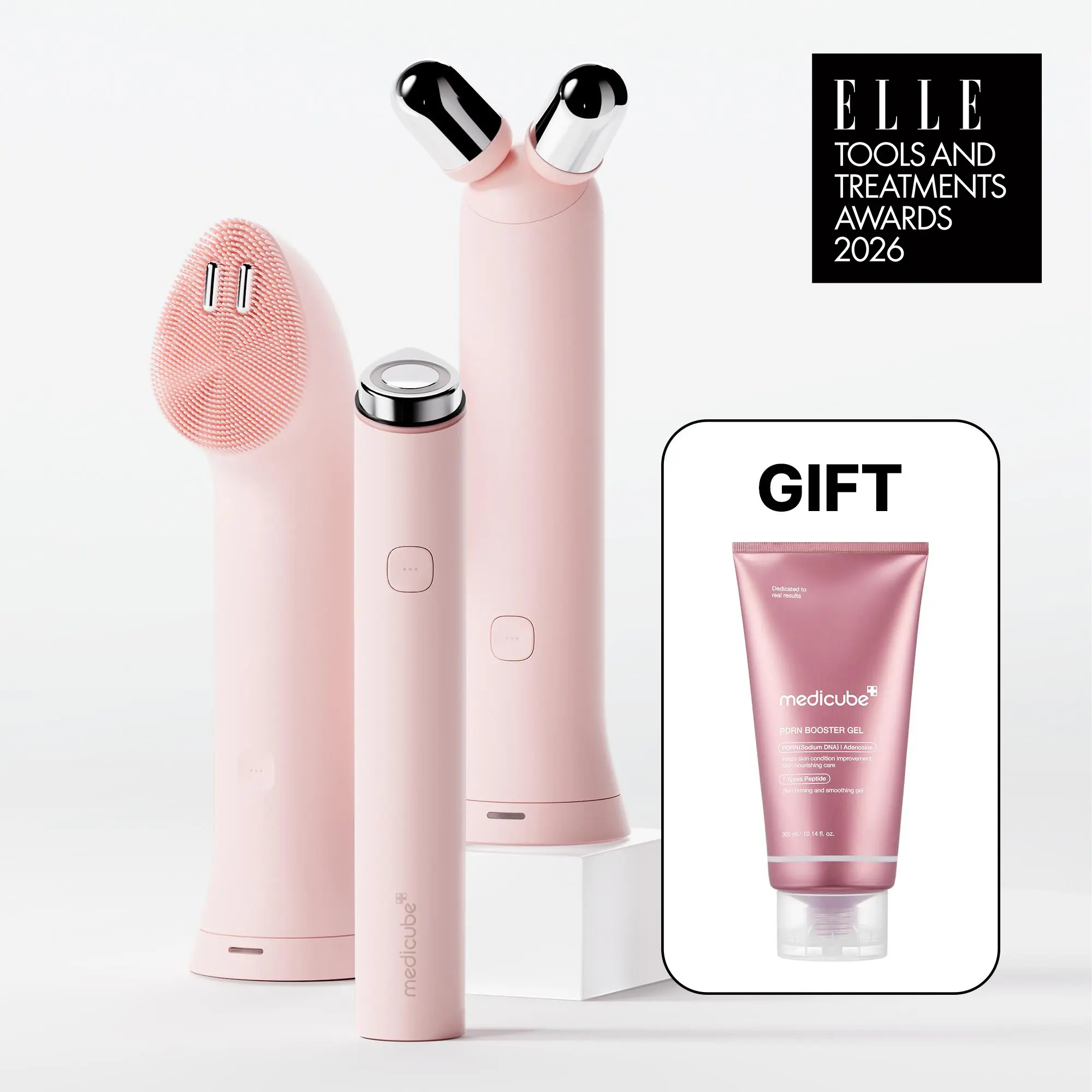 [NEW] [medicube] 3-Step At-Home Spa Set - Pink / Beige ㅣMini Booster Pro Plus + Booster Facial Cleansing Device Head + Booster Face Roller HeadㅣK-beauty Facial Device for deep gentle cleansing, plump-looking appearance, puffiness, skin relaxion