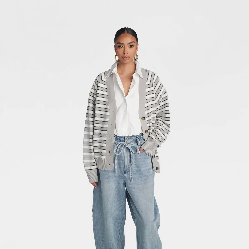 KBB by KAHLANA Women's 'The Grandpa Cardi' Garment - Striped Knitwear, Ribbed Details, Pockets, Long Sleeve Cardigan Sweater