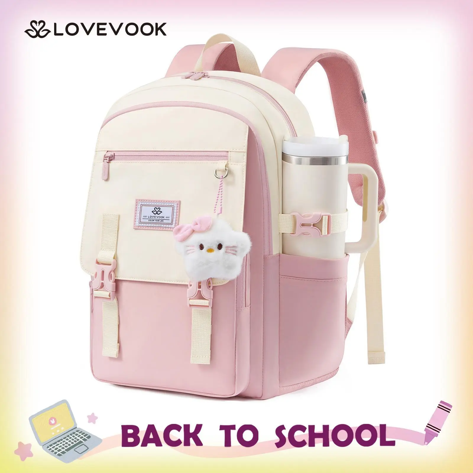 LOVEVOOK School Backpack for Teen Girls, Student Backpack Purse for 8-16 Teenage, 15.6 &17.3 Inch Water-Resistant Back to School Backpacks, Cute Kid Bookbag With Charm, Large College Travel Daypack Gift