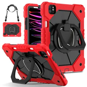 Case for iPad (A16) 11th Generation 11" 2025,Compatible with iPad Pro (M5) 2025 13 inch / iPad Air / iPad Mini - Military-Grade Drop-Proof Silicone Cover with Shoulder Strap, Rotating Stand - Red+Black Tablet Accessories