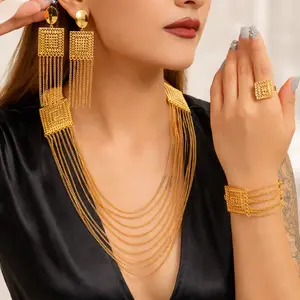 5pcs Geometric Square Tassel Gold Plated trendy Jewelry Set Multi-Layer Necklace Earring Bracelet Ring for Wedding Party Statement Accessories for Women Valentines&birthday Boujee Gifts for gf