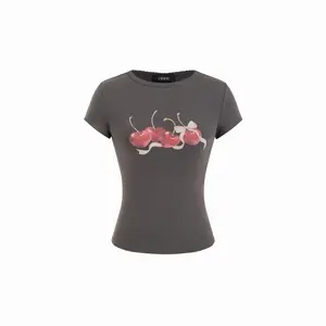 Cider Charcoal Gray Cherry Print Fitted Short Sleeve T-Shirt - Women's Casual Slim Fit Tee