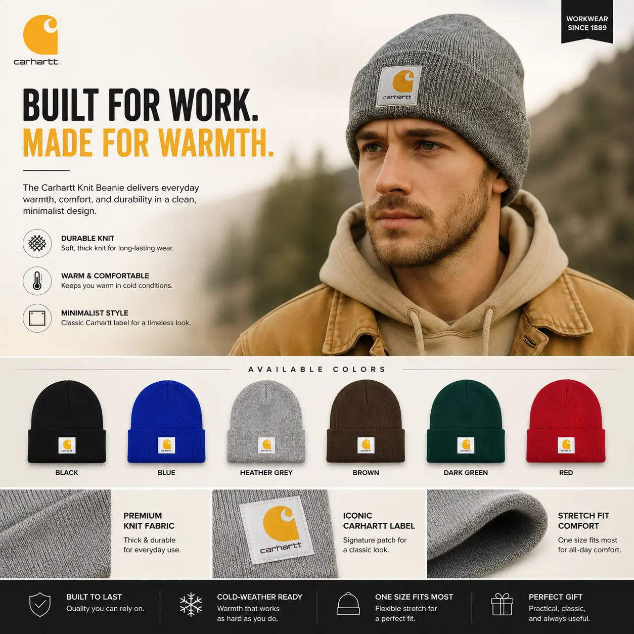 Carhartt Watch Hat Winter Beanie for Men Women Premium Acrylic Knit Stretch Cuffed Cap Soft Warm Outdoor Workwear Skull Hat Streetwear Casual Everyday Cold Weather Adult One Size Fashion Gift