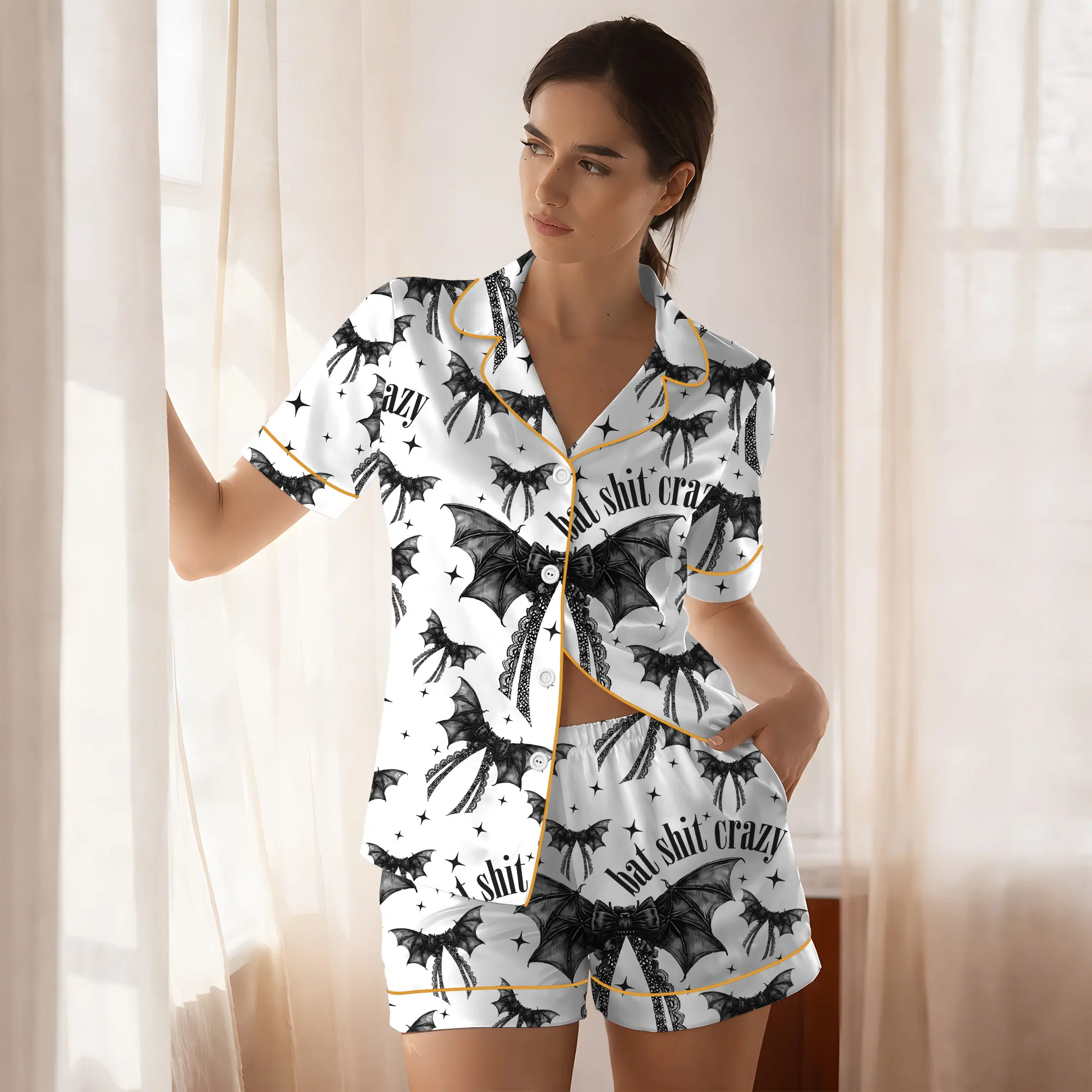 Women's Gothic Bat Satin Bow Pajama Set - Glossy, Elastic, Elegant, Soft Polyester Fabric Nightwear, Halloween Print Homewear, Black Adult Gifts for Women