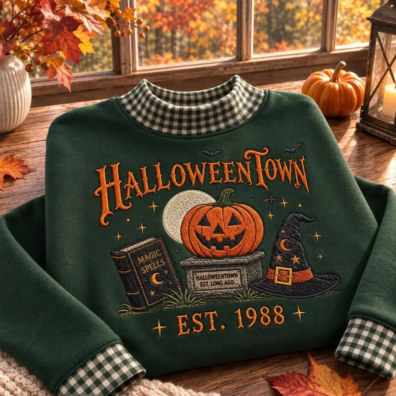 HalloweenTown Embroidered Gingham Mock neck Sweatshirt: Spooky Village Shirt, Haunted House Pumpkin Shirt, Retro Fall Halloween Gift for Her