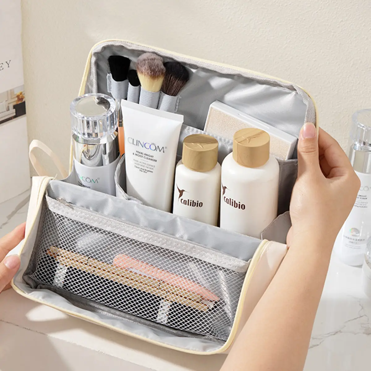 Portable Vertical Standing Makeup Bag, Stationery Organizer with Multi-partitions ,MultiPurpose Storage Bags,PU Waterproof Cosmetic Bag