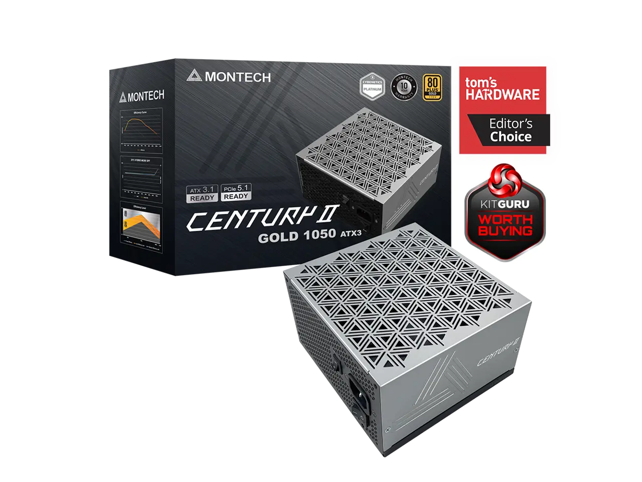 MONTECH CENTURYII - 1050W High-End ATX Gaming Power Supply - 80 Plus Gold & Cybenetics Platinum - Fully Modular -  ATX 3.1 & PCIe 5.1 Ready with 12V-2x6 Cable - 10 Years Warranty