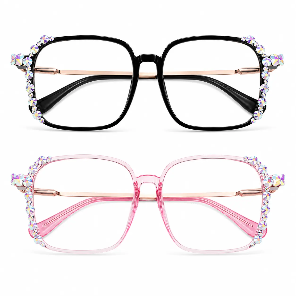 Photochromic Reading Glasses, Rhinestone Square Frame Non-Prescription Readers, Clear Indoor-Tinted Outdoor Lenses, Lightweight Daily Fashion Eyewear, 2-Color Options for Outdoor Fun