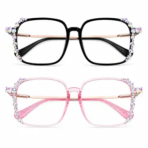 Photochromic Reading Glasses, Rhinestone Square Frame Non-Prescription Readers, Clear Indoor-Tinted Outdoor Lenses, Lightweight Daily Fashion Eyewear, 2-Color Options for Outdoor Fun