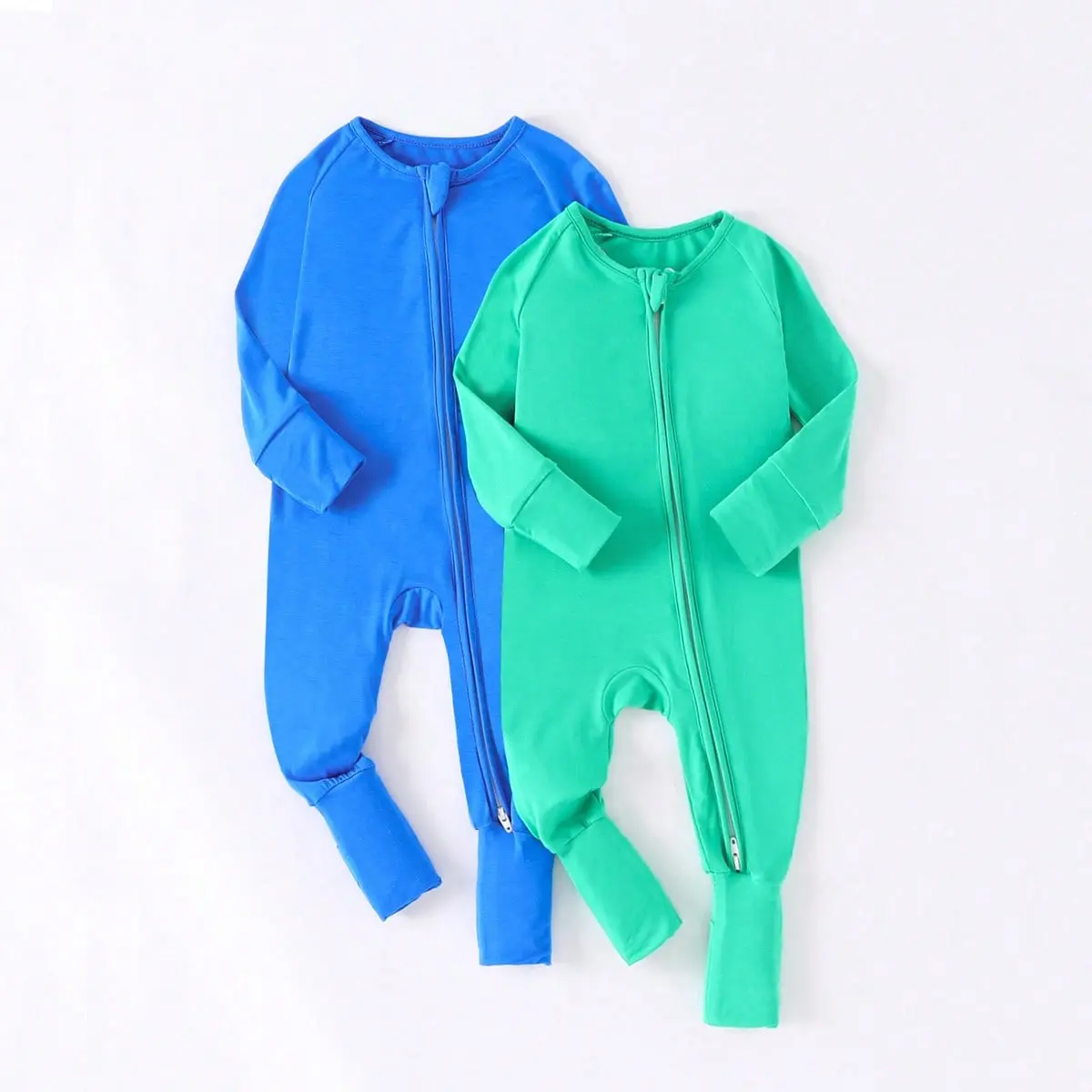 2pcs/Set Baby Girl Bamboo Fiber Soft, Breathable, Skin-Friendly, High Elastic, Solid Color Jumpsuit With Zipper, Long Sleeve And Long Pants (With Foldable Foot Covers)