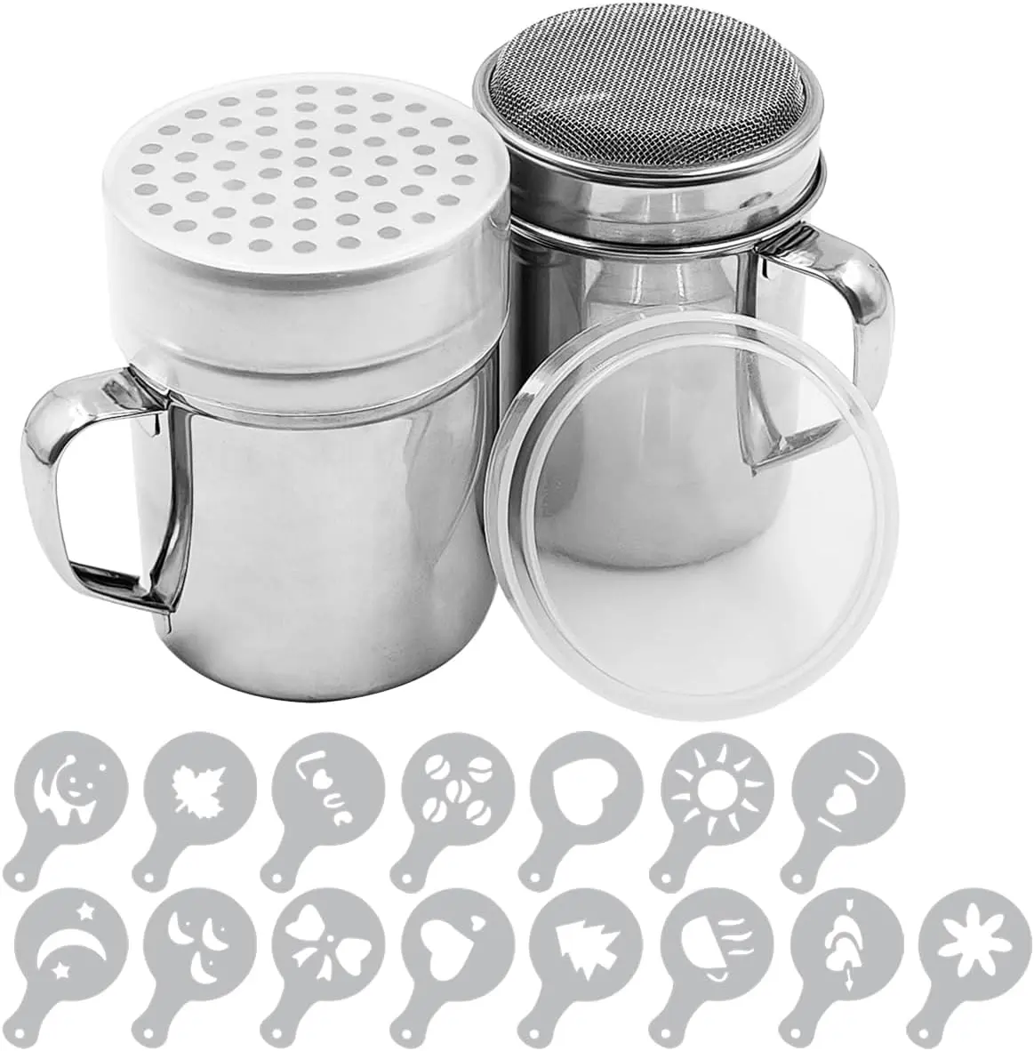 2PCS Powdered Sugar Shaker Duster with Handle,Stainless Steel Powder Shakers for Sugar Pepper Cinnamon Powder Flour with Printing Molds Stencils - Fine & Large Mesh