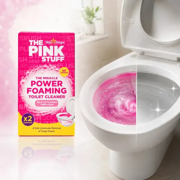 THE PINK STUFF Miracle Power Foaming Toilet Bowl Cleaner 7 Oz.,self-activating pink foam,tough stains,lime scale,odors,grime,hard water buildup,bowl rings,underwater line,porcelain,ceramic,deep clean,10-minute soak,brush and flush,fresh fruity scent,vegan