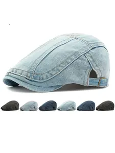 Unisex Washed Denim Beret Hat, Vintage Artistic Forward Cap, Tailored Shape, Casual Trucker Style, Streetwear Trendy Headwear for Men & Women, All Seasons