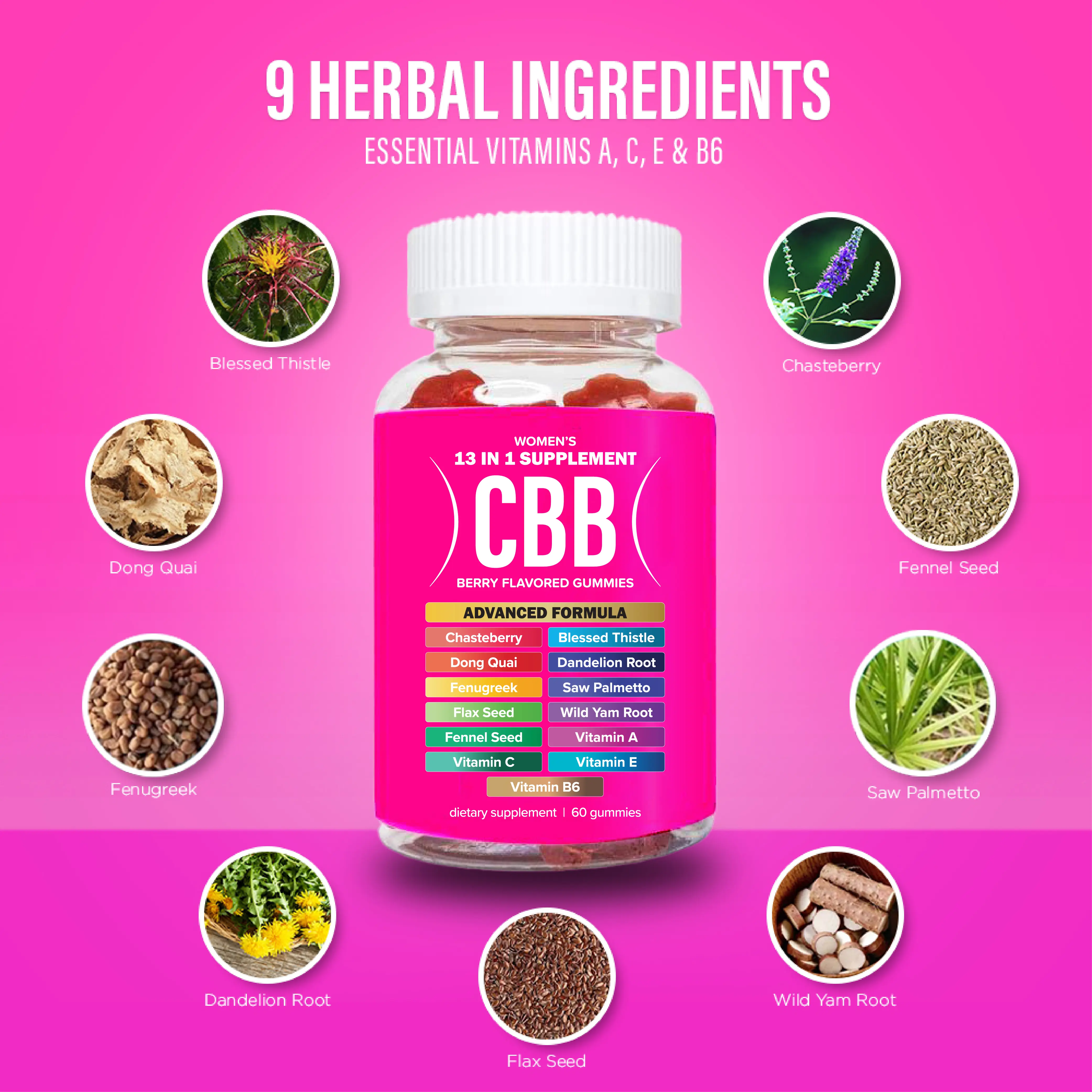 CBB All-In-One Women's Wellness Gummies | 9 Herbal Ingredients + Vitamins A, C, E & B6 | The Daily Gummies Worth the Hype |  Berry Flavor | One Month Supply | 60 Gummies