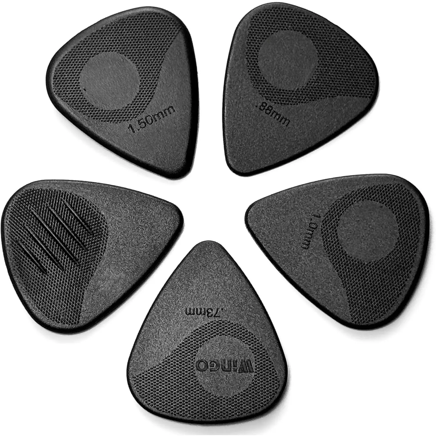 Black PC Synthetic Guitar Pick Set (5-Pack) with Textured Grip Stamped, Non-Slip Picks (0.73, 0.88, 1.0, 1.25, 1.5mm) for Acoustic Electric Guitars, Acoustic Bass Guitars & Gear Accessories