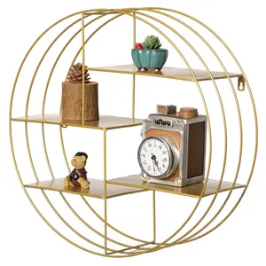 Vintiquewise QI004691.GD 4-Tier Gold Floating Circular Silhouette Metal Hanging Shelves - Retro Minimalist Wall-Mounted Organiser for Kitchen Storage, Farmhouse Light Industrial Home Display Platform
