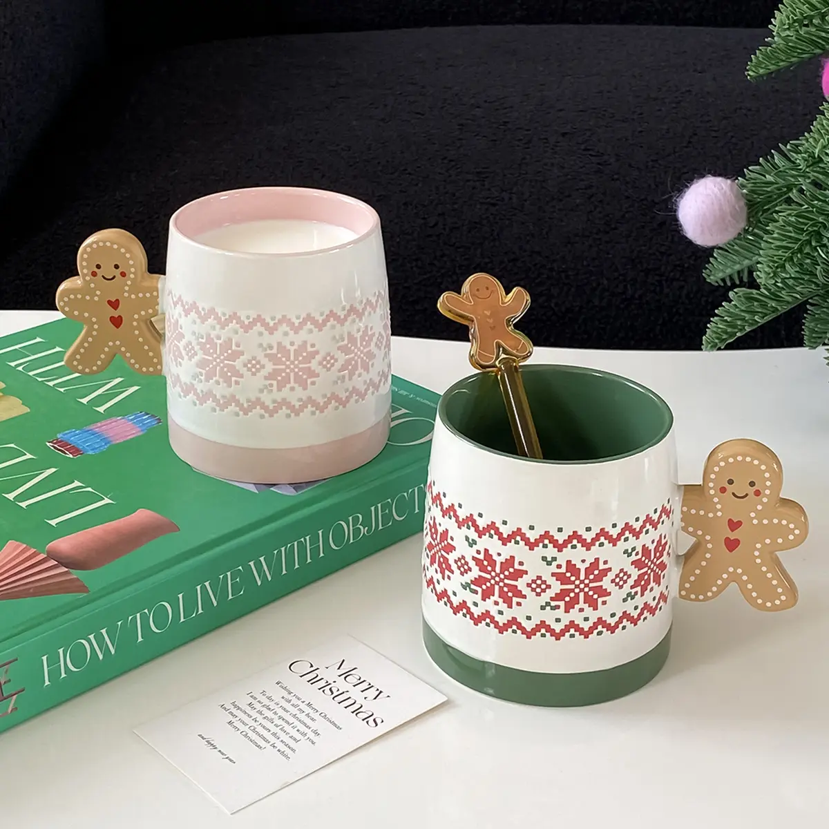 Christmas Gingerbread Man Handle Ceramic Cup, Snowflake Texture Mug for Coffee, Perfect for Christmas Party, Home Use, Gift Idea