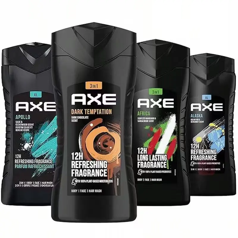 AXE 3-in-1 Men's Body Care Shower Gel Variety Pack (4 Count, 250ml/8.4oz) - Apollo, Dark Temptation, Africa, Alaska - For Body, Face, Hair, Body Cleansing Products, Men's Self Care