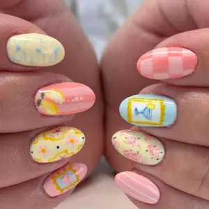 24pcs Vintage Oil Painting Nails, Short Oval Press-On Nail Tips, Summer Lemon Design, French Picnic Style, Perfect for Parties, Nail Design Variations