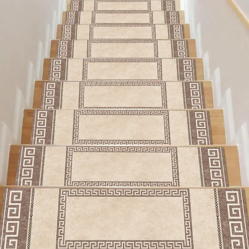 [HarleyLand]15pcs Non-Slip Stair Treads Compatible for Wood/Hard Floors - Beige/Brown Geometric Carpet Pads, Machine Washable Indoor/Outdoor Step Covers with, Staircase Decor