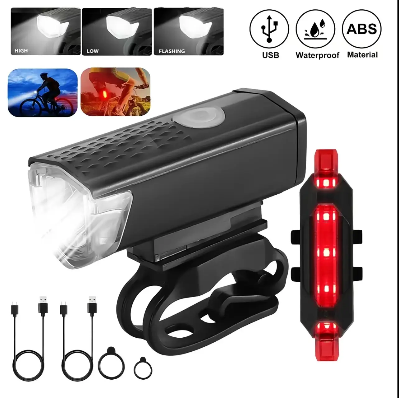 USB Rechargeable LED Bicycle Front & Rear Light Set, Super Bright Waterproof, 3-Mode Headlight, 4-Mode Taillight, Easy Installation for Cycling, Hiking
