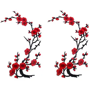 2 count Plum Blossom Embroidery Patches- Sew/Iron-On Applique for Jeans, Hats, Shirts - DIY Fabric Accessories, Red/Black