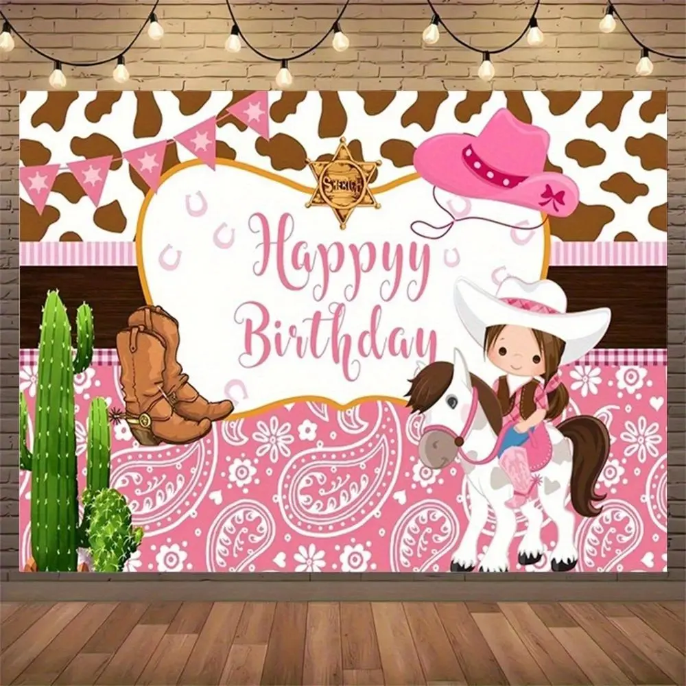 Vibrant Pink & White Polyester Western Cowboy 1st Birthday Photography Backdrop - Wall Decor Banner, Wall Decor Flags with Cowboy Hat, Cowhide Ornaments - Happy Birthday Rodeo Photo Scene Ceremony Party Supplies for Youths