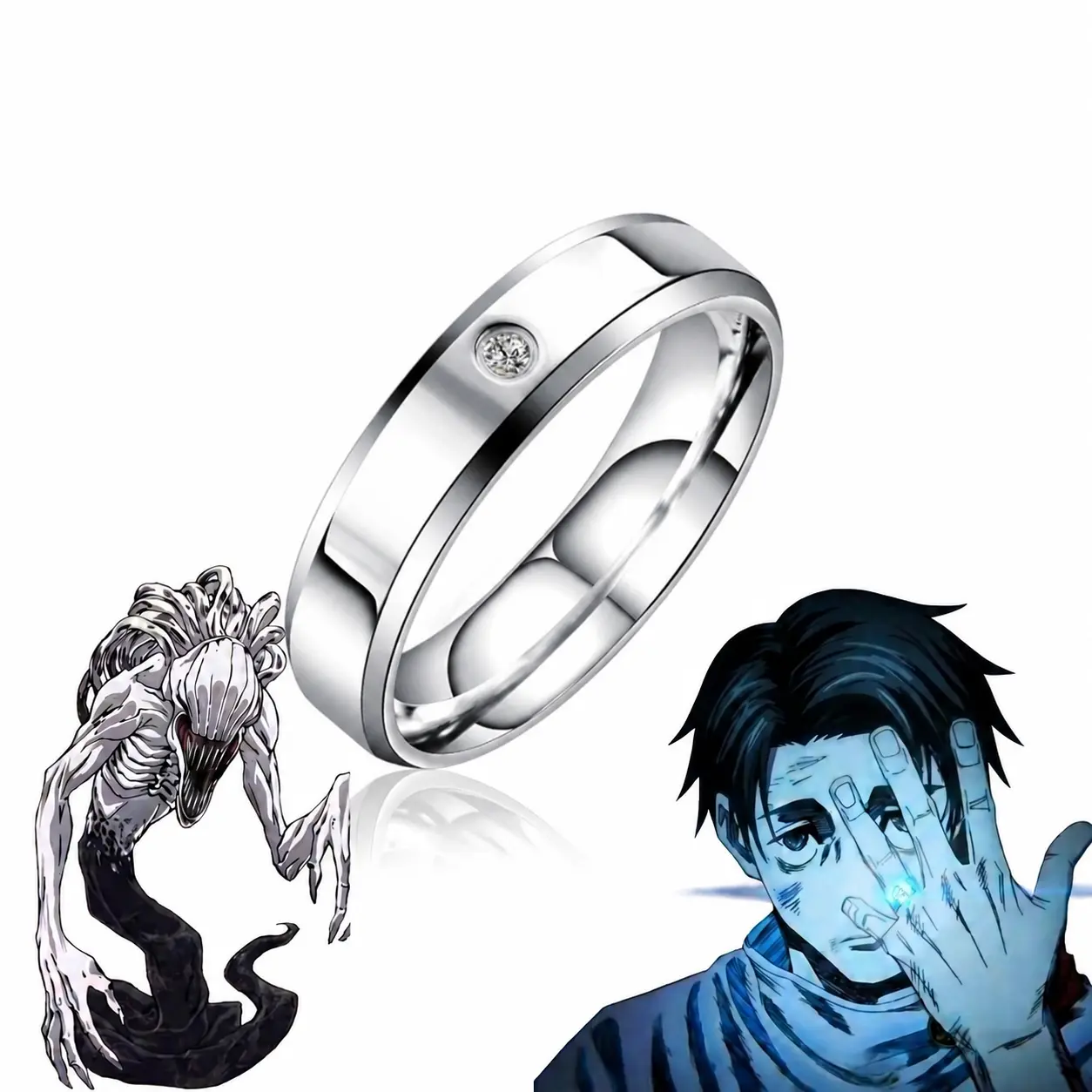Jujutsu Kaisen Yuta-Rika Unisex Anime Character Graphic Rings, US Size 8, Round Band, Sizes 7-10, Fan-Focused Couple Fashion Costume Jewelry Accessory, Character Art, Anime Inspired, Fans, Cartoon Character Pattern Rings, Couple-Themed Rings