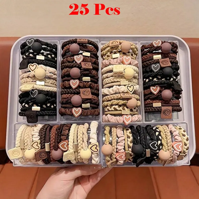 25pcs Boho Chic Women's Hair Tie Set - Cute Bracelet Style, Gentle On All Hair Types, Elastic Bands With Heart Charms & Beads, Perfect For Ponytails & Sports, Bulk Hair Ties, Ponytail Holders, Hair Styling Accessories, Elastic Hair Accessory