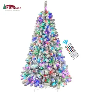 SHareconn 4/5/6/7.5/9/12FT Pre-Lit Snow Flocked Christmas Tree with Remote Control, Deluxe Hinged Design, RGB Led Lights, Ideal Xmas Decoration