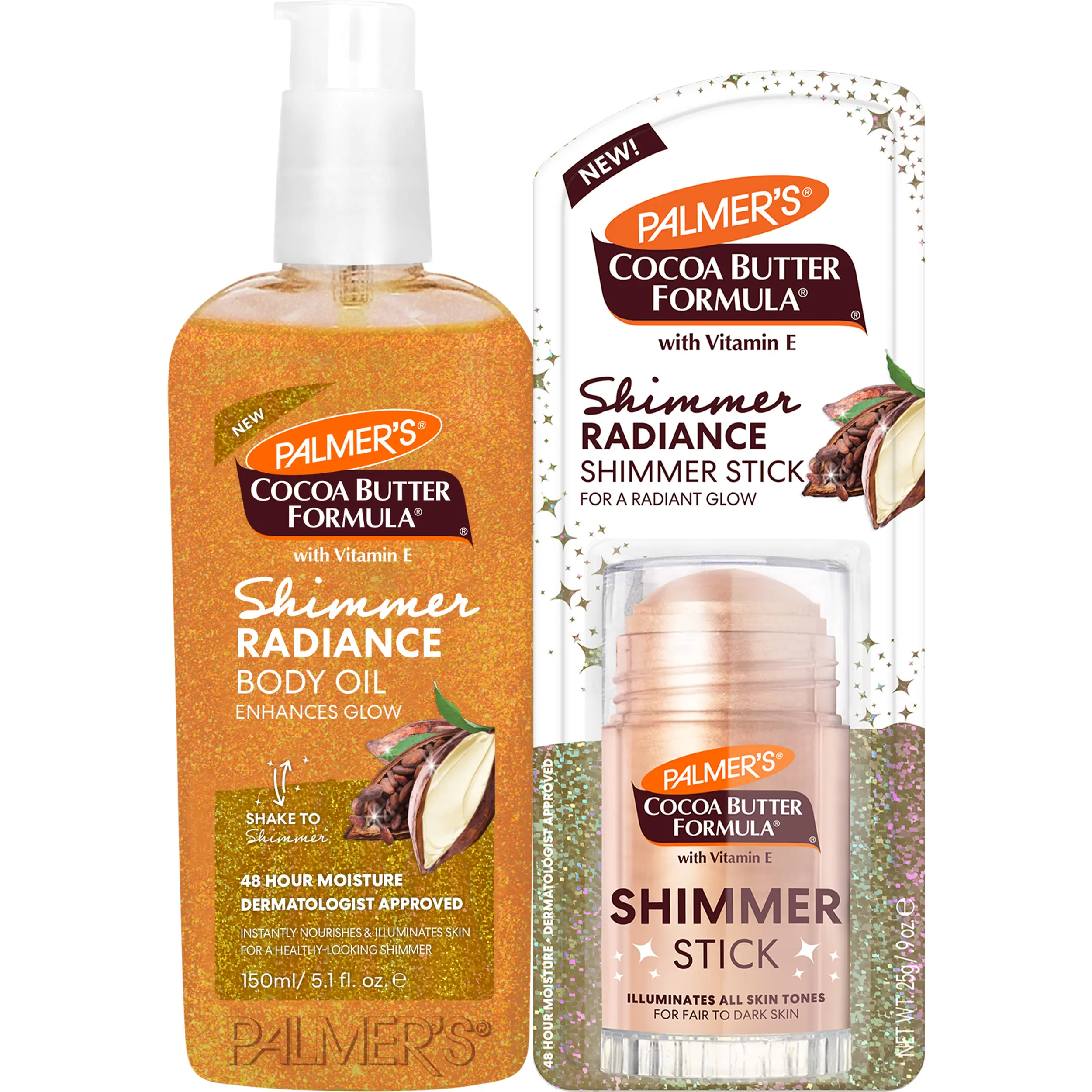 Palmer's Cocoa Butter Formula Shimmer Radiance Shimmer Radiance Body Oil and Shimmer Stick Bundle for Glowing, Hydrated Skin