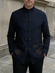 Men's Traditional Embroidered Jacket, Spring & Fall Thin Outerwear, Classic Lettuce Trim Shirt, Perfect for Daily Commute and Parties