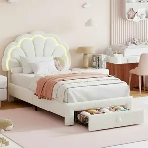 SA-Garvee Twin Upholstered LED Bed Frame with Storage Drawer and Adjustable Chic Double Petal Headboard, Velvet Princess Platform Bed for Kids/Girls, Solid Wood Slats Support, No Box Spring Needed, Beige