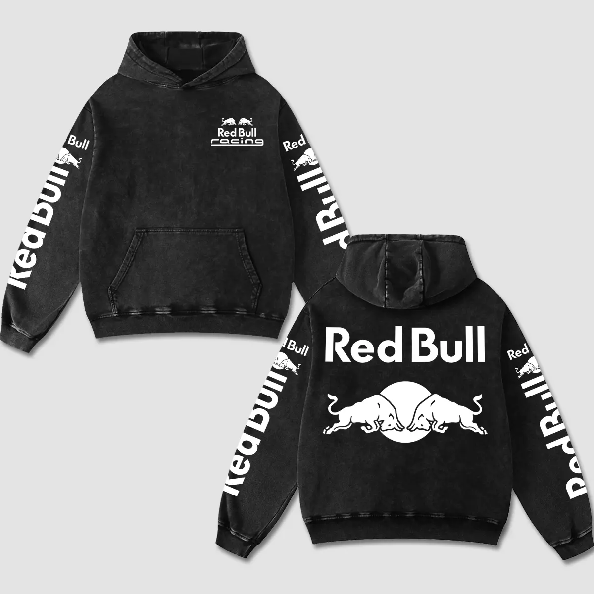 Retro Redbull Racing Hoodie Acid Washed Motorsport Grand Prix Fan MotoGP World Champion Enthusiast Apparel Streetwear Racing Team Motorcycle Clothing Motobike Riders Supermotor Off-Road Dirt Bike Fan Gear Cotton For Motor Fan