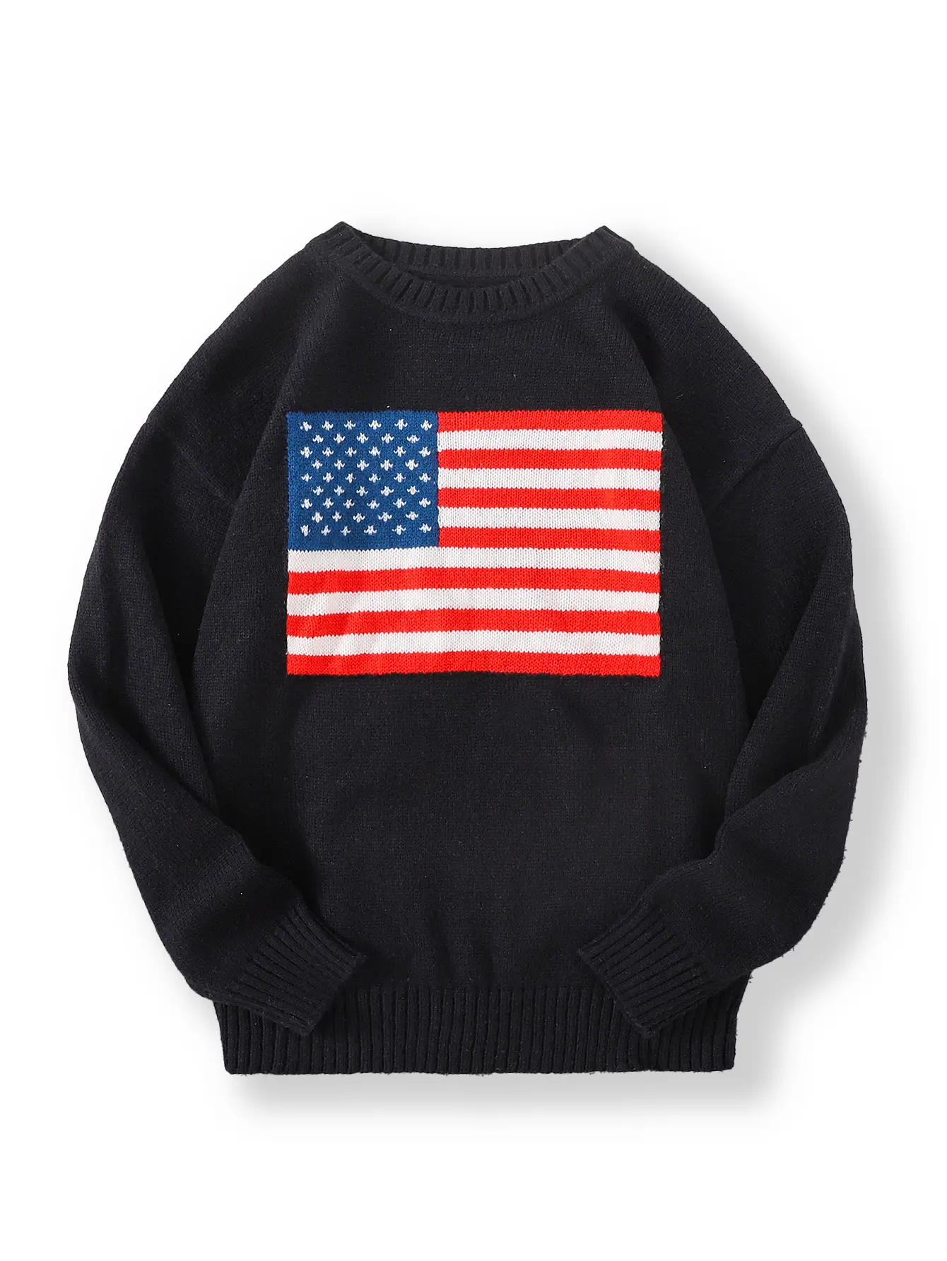 Men's Regular-Fit American Flag Graphic Drop-Shoulder Pullover Knit Sweater - Casual Long-Sleeve Round-Neck Tops for Spring, Fall Daily Wear | Menswear Clothes, Fitted