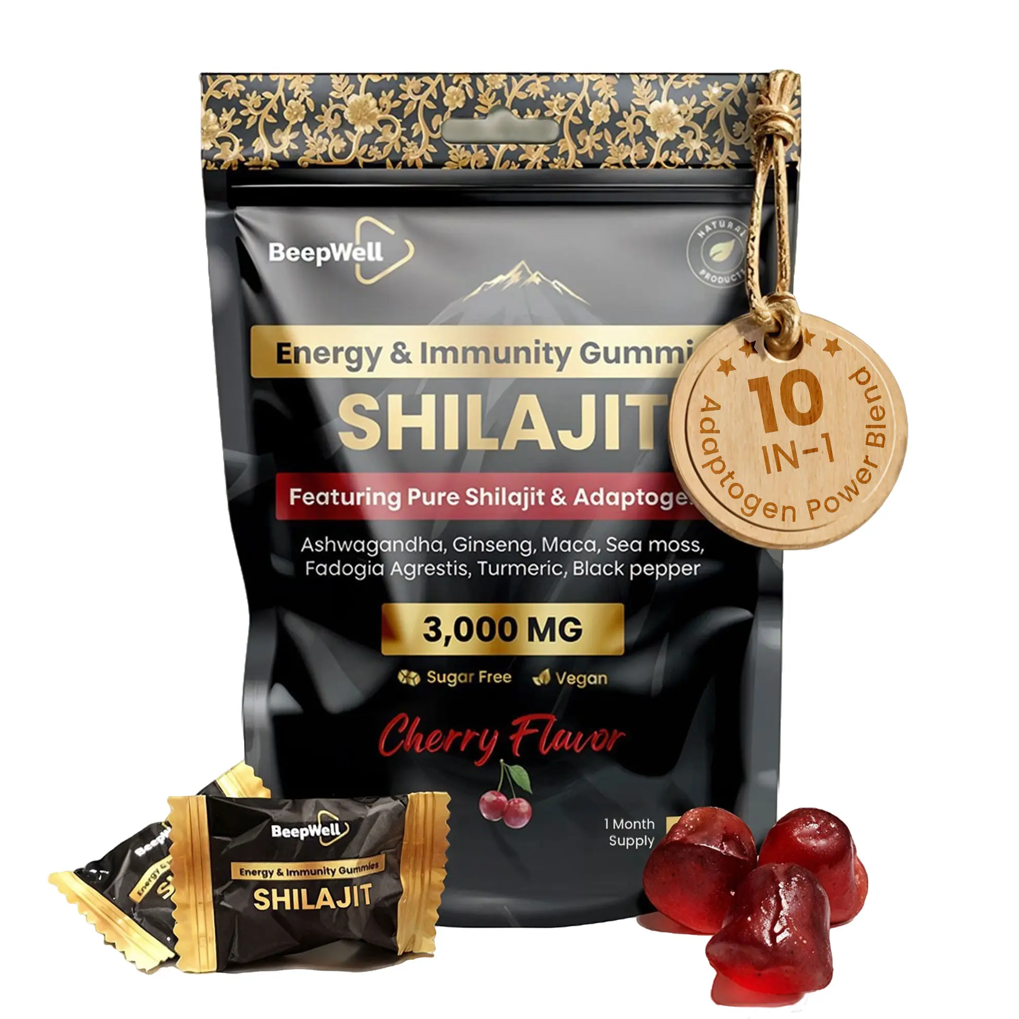 BeepWell Energy & Immunity Gummies – 3000mg | Sugar-Free Vegan Gummies with Adaptogens & Shilajit | Stress Relief + Immune Support | 60 Gummies