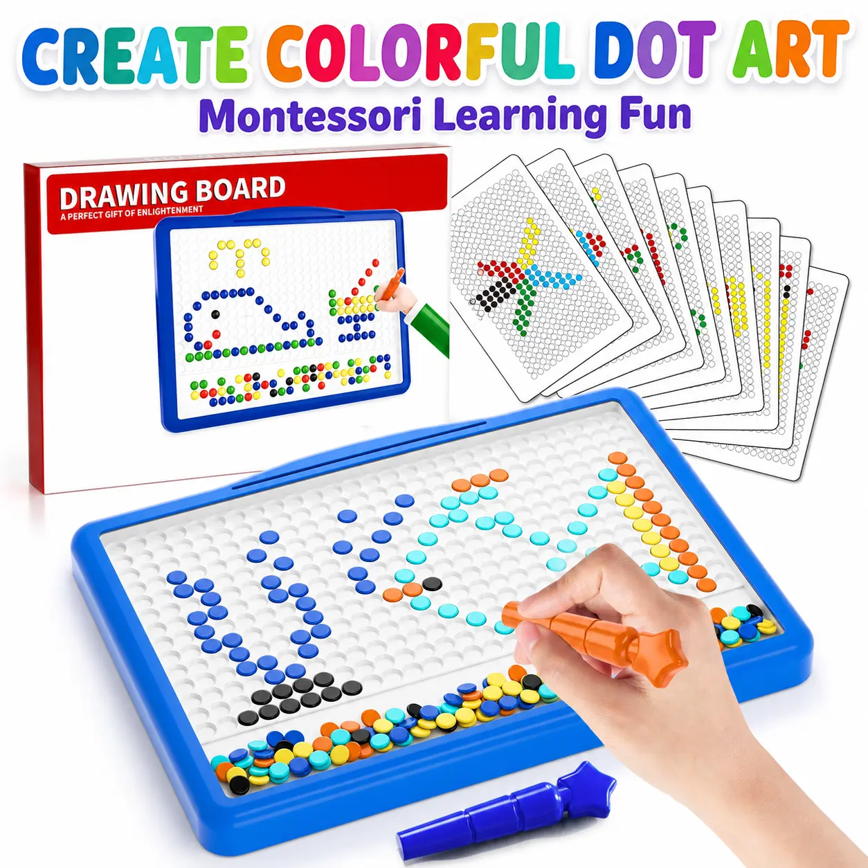 Magnetic Dot Art Board for Toddlers Ages 2-6, Montessori Drawing Toy with Magnetic Pen, Preschool Learning Activity Toy, Fine Motor Skills Educational Travel Toy for Kids Boys Girls