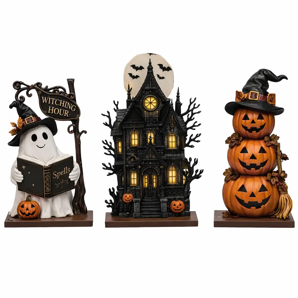 3-Pack Vintage Halloween Wooden Decorations - Fall Harvest Ornaments with Ghost, Black Cat, Pumpkin Elements - Rustic Tabletop Wall Hanging Room Accessories for Home Party, Farmhouse Decor
