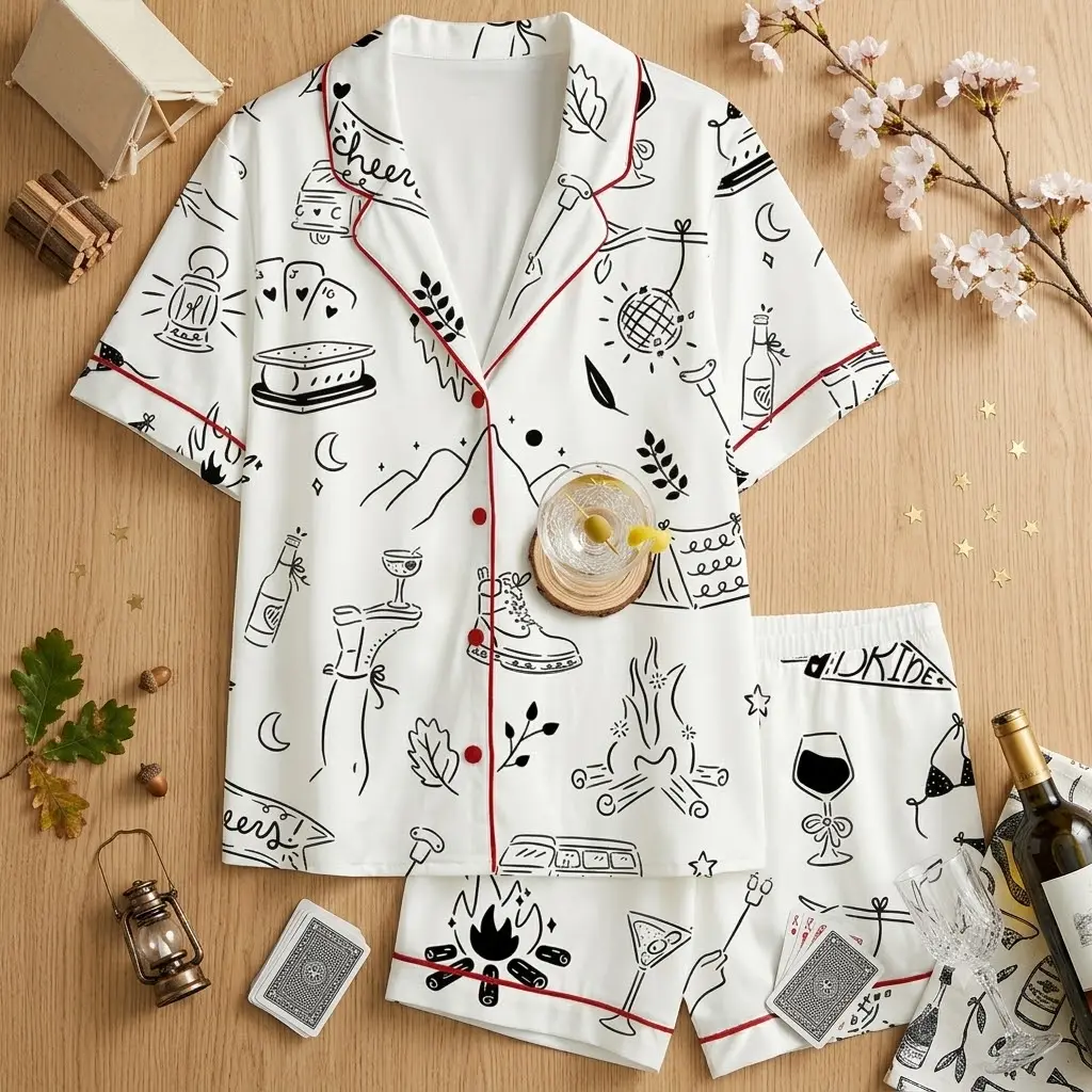 Camp Bachelorette Pajamas Set, Glamping Bride Pajama, Matching Bridesmaid Pjs, Short Sleeve Button Down Loungewear, Bonfire Disco Bridal Party Sleepwear, Outdoor Wedding Shower Gift, Cute Doodle Mountain Theme White Red Piping Nightwear Outfits For Women