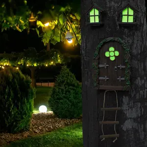 Fairy Door & Window Design Tree Hanging Decoration, 1 Box Miniature Luminous Door & Window, Outdoor Garden Tree Decoration Pendant, Home Decoration