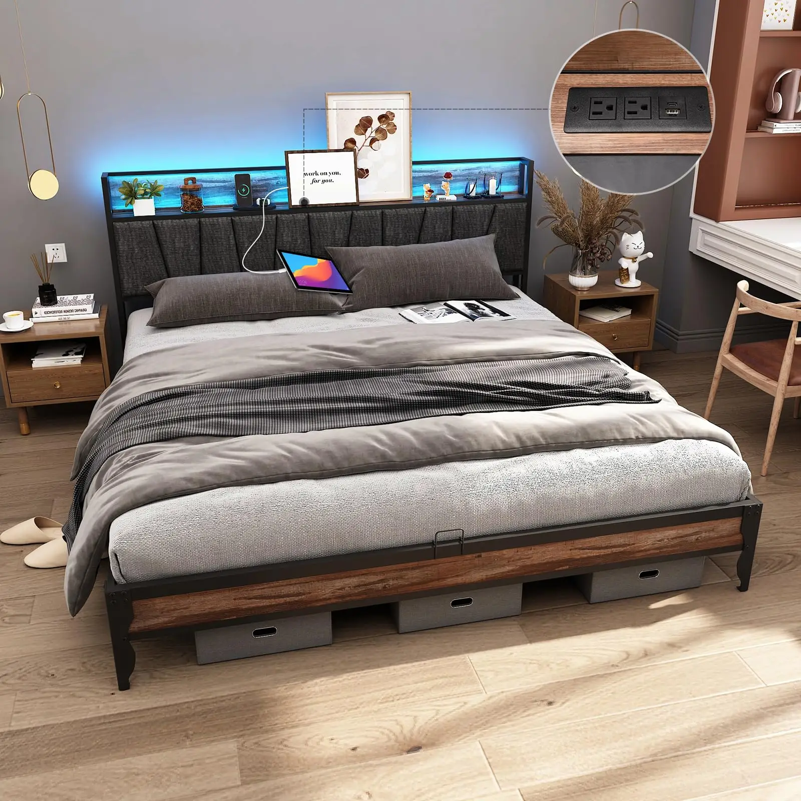 LED Full/Queen/King Size Bed Frame with Outlets & USB/Type-C Port and Storage Headboard, Metal Platform Bed with Charging Station and for Bedroom, No