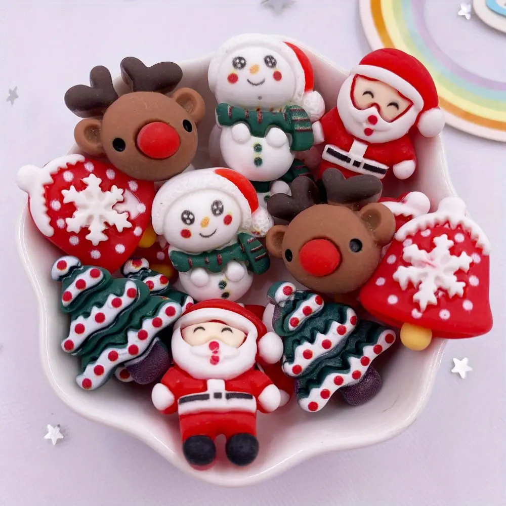 10PCS Mixed Resin Colorful Kawaii Cartoon Christmas Snowman Bell Deer Head Santa Claus Tree Resin Ornament Figurines Flat back Scrapbook DIY Accessories Christmas Decor Crafts