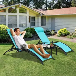 Arlopu 3pcs Aluminum Chaise Lounge Chairs Set Outdoor Patio with Adjustable 5-Gears Backrest Textilene Material Durable Frame for Poolside Yard Beach Poolside Sun Lounger