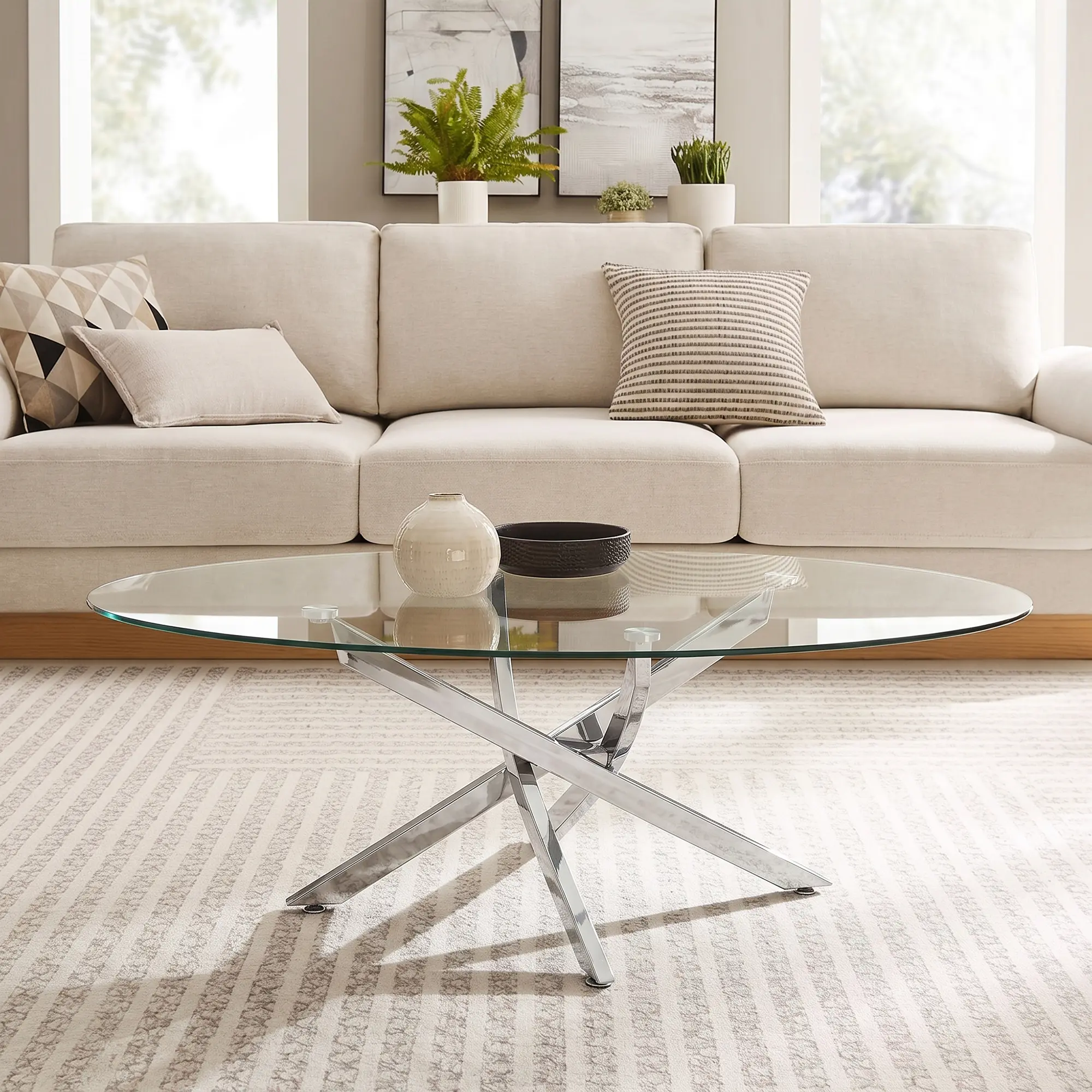Oval Tempered Glass Coffee Table - 39.37in Contemporary Living Room Center Table with Silver Chrome X-Shaped Legs, Easy-Assembly Indoor Furniture for Home Apartments (Oval Shape Design)
