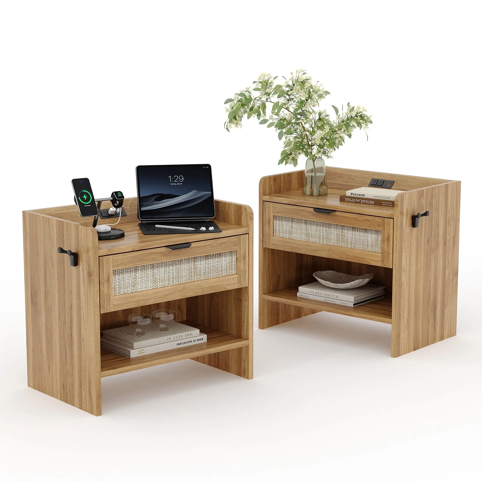 Garvee Rattan Nightstand Set of 2, Bedside Table, Night Stand with Type-C Charging Station, 1 Storage Drawer, and Open Storage Space, with Hook Included, for Bedroom, Office as a End Table, Side Tables